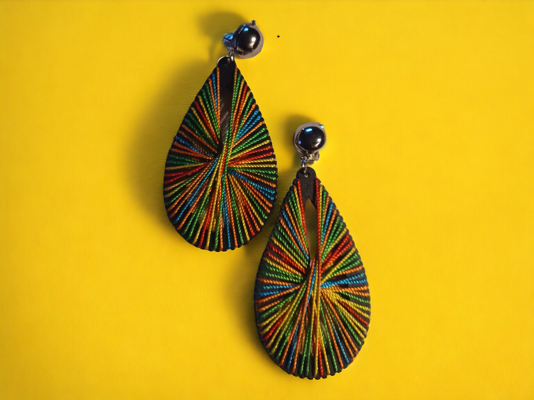 Handmade colorful silk thread and wood Mondrian clip on earrings