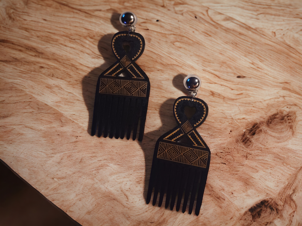 Clip on Adinkra symbol Afro pick Earrings