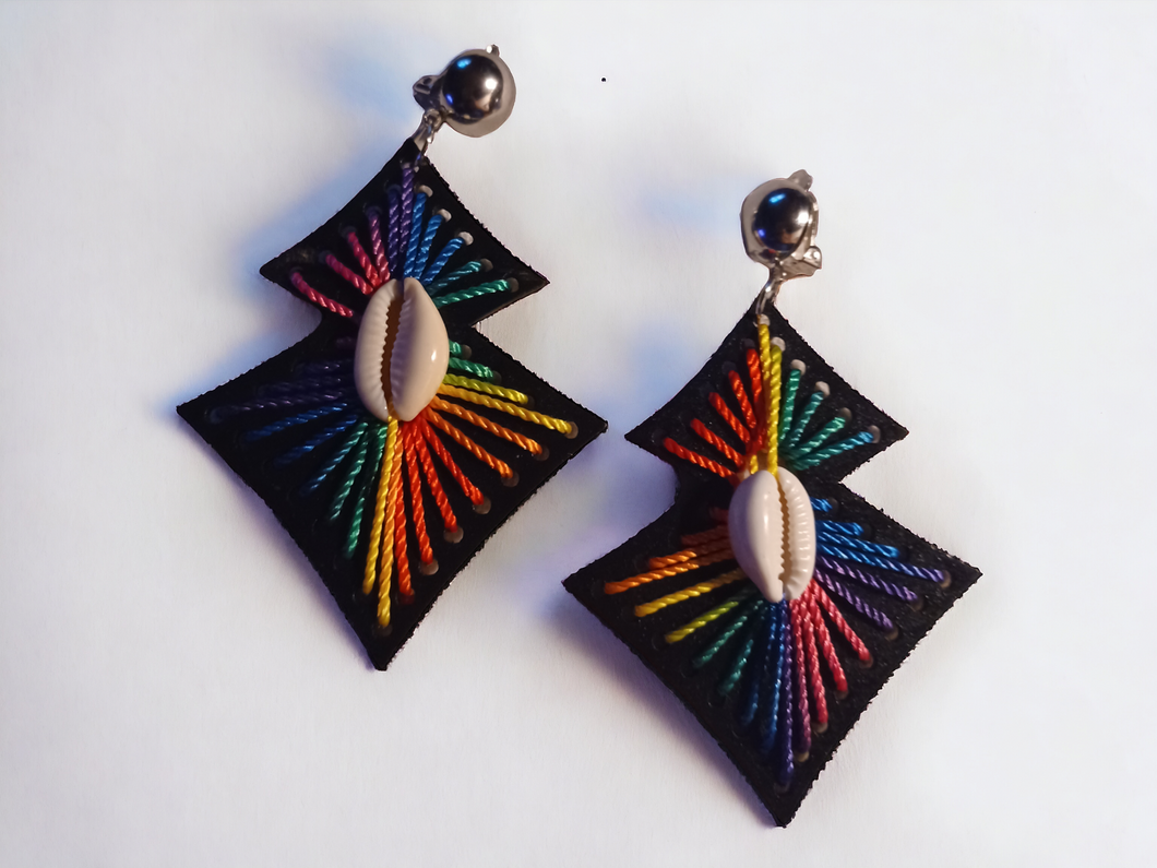 Handmade colorful silk thread and wood Mondrian clip on earrings