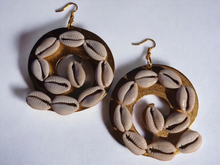 Load image into Gallery viewer, Handmade large Abstract wood and cowrie earrings
