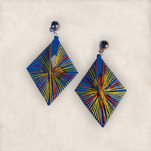 Handmade colorful silk thread and wood Mondrian clip on earrings