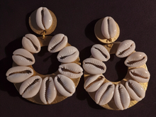 Load image into Gallery viewer, Handmade cowrie and wood clip on hoops
