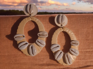 Handmade wood raffia and Cowrie clip on hoops