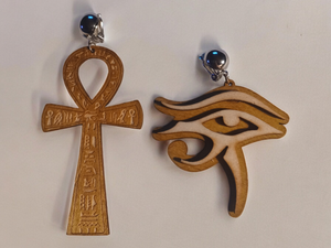 Clip on Assymetric Egypt symbols wooden earrings