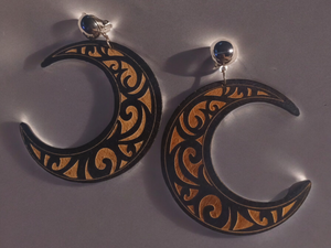 Wooden carved Crescent Moon Clip On earrings