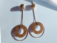 Load image into Gallery viewer, Light boho gold metal and wood clip on hoops
