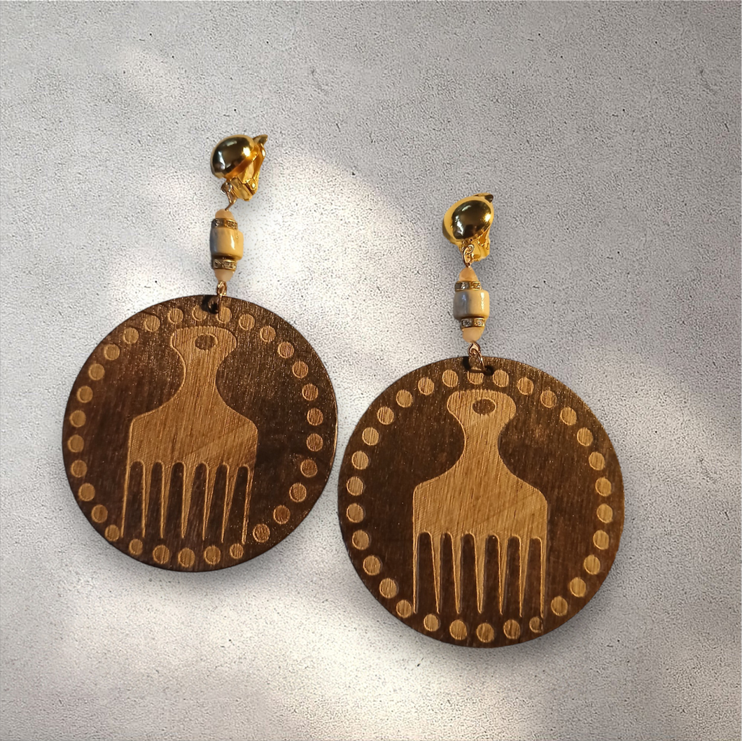 Classic Clip On Wooden Afro pick Earrings