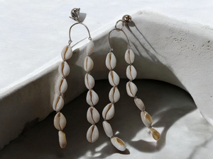 Handmade double strand cowrie clip on earrings