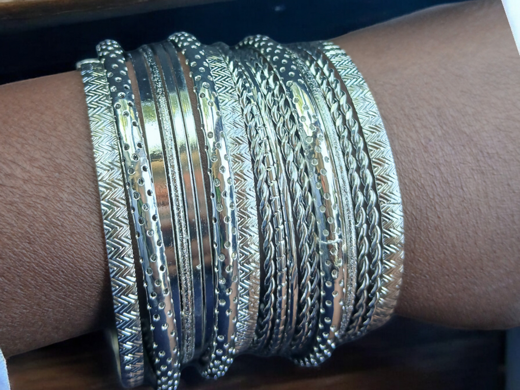 Set of 20 boho Silver metal bangles