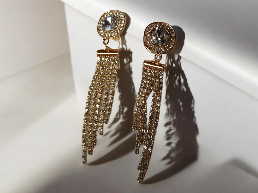 Rhinestone dangle clip on earrings