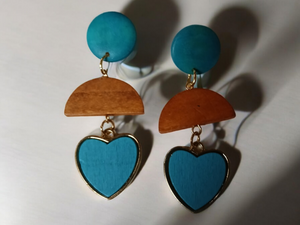 Handmade wood and metal heart dangle clip on earrings