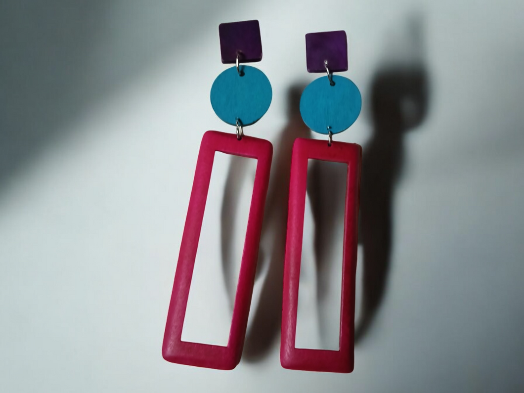 Colorblock clip on wood earrings