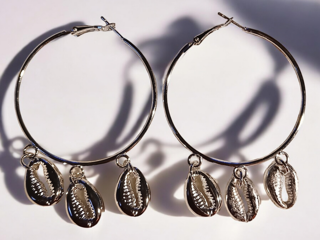 Silver cowrie shell hoops