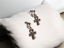 Load image into Gallery viewer, Small rhinestone ankh clip on earrings
