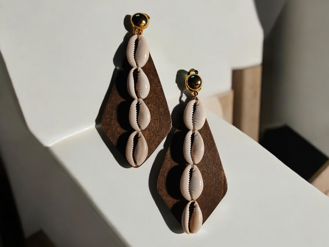 Handmade African shield cowrie clip on earrings