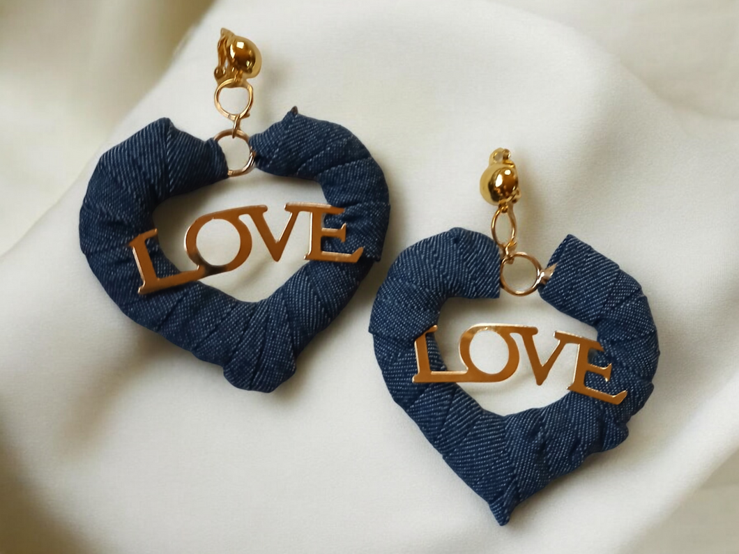 Clip on handmade Denim Bamboo Love earrings