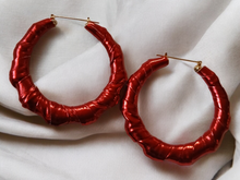 Load image into Gallery viewer, Red faux leather bamboo hoops
