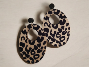 Handmade abstract animal print wooden hoop Clip on  earrings