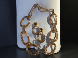 Classy gold metal chain collar necklace and clip on earrings