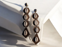 Load image into Gallery viewer, Handmade lightweight wood and cowrie clip on earrings
