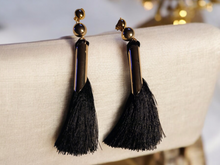 Load image into Gallery viewer, Long black and gold tassel clip on earrings
