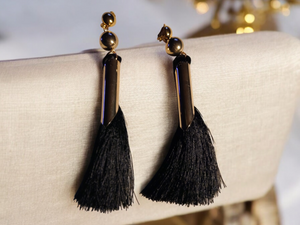 Long black and gold tassel clip on earrings