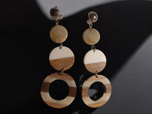 Handmade lucite and Natural Wood Clip On Earrings