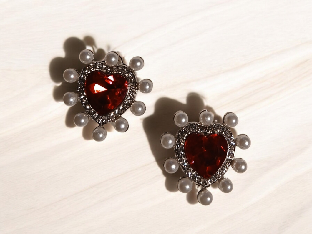 Faux pearl and rhinestone heart clip on stud earrings