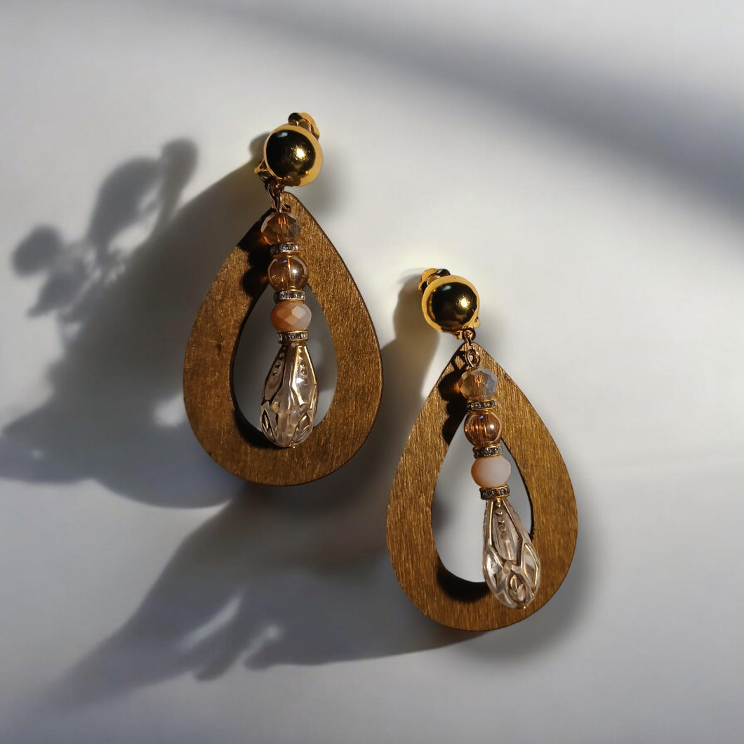 Handmade Wooden boho charm clip on earrings