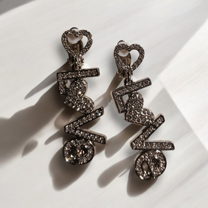 Rhinestone love clip on dangle earrings