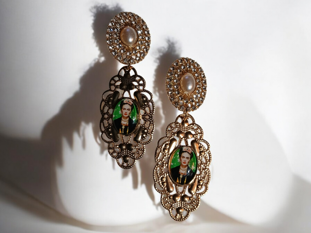 Gold Abstract handmade Frida Kahlo design Clip On Earrings