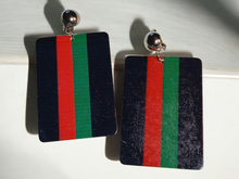 Load image into Gallery viewer, Red black and green wooden clip on earrings
