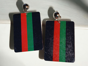 Red black and green wooden clip on earrings