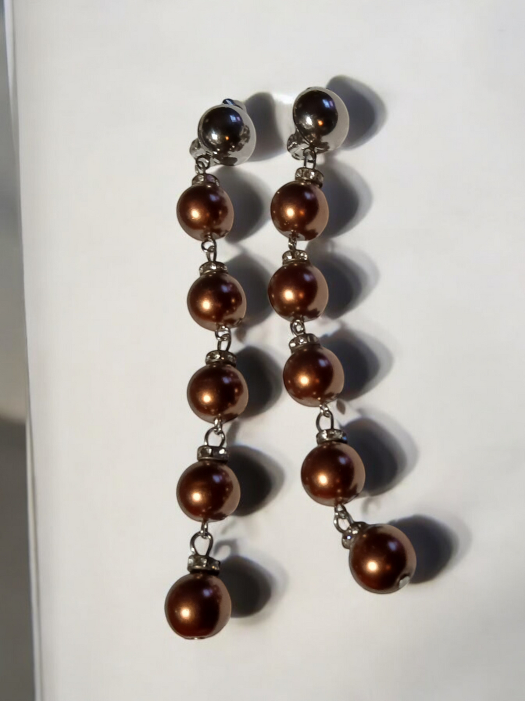 Brown Faux Pearl dangle Clip On Earrings