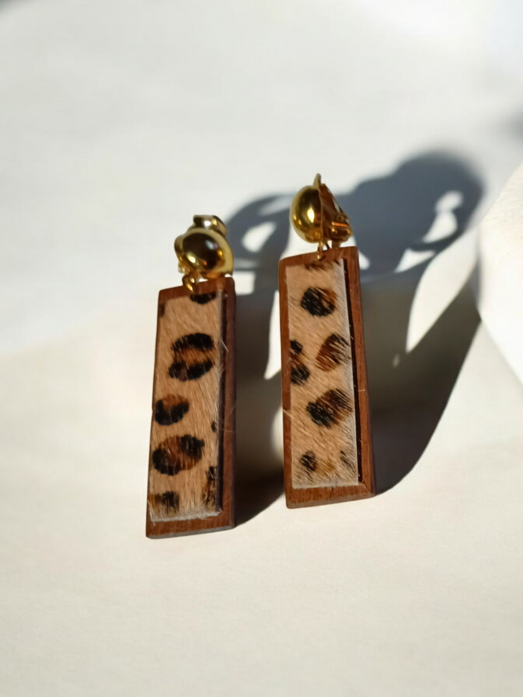 Wood and genuine cowhide clip on earrings