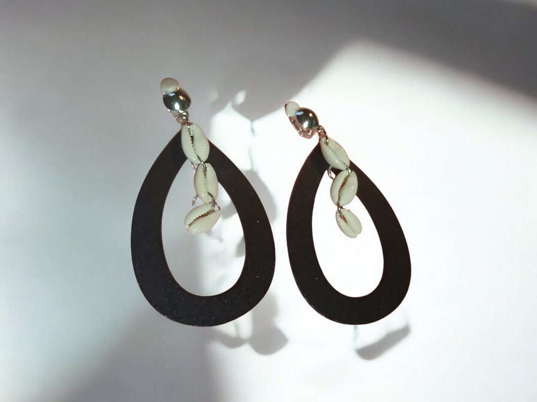 Handmade wood and cowrie hoops clip on