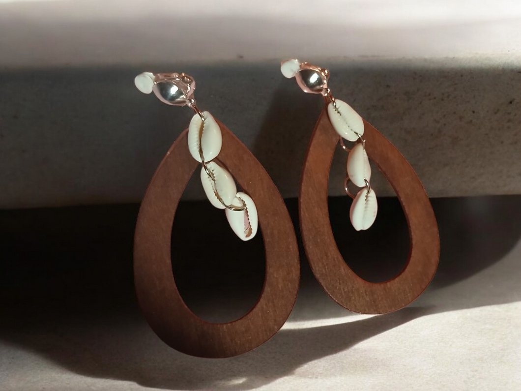 Handmade wood and cowrie hoops clip on