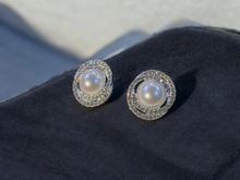 Load image into Gallery viewer, Faux pearl and rhinestone clip on stud earrings
