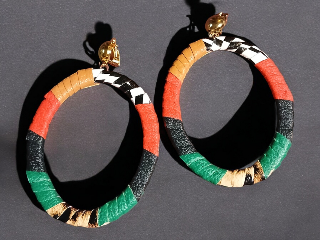 Handmade faux leather clip on hoops