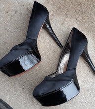 Load image into Gallery viewer, RARE BEBE Black Satin Platform Heels Size 8 Kargo Fresh

