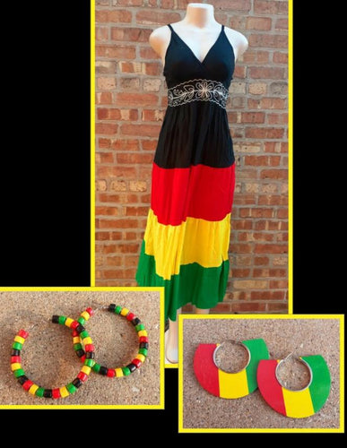 Red Black Green and Yellow Sundress and Earrings Bundle S-M Kargo Fresh