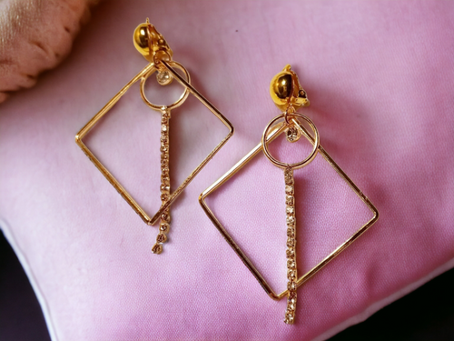 Rhinestone Clip On Square Hoop Earrings gold Kargo Fresh