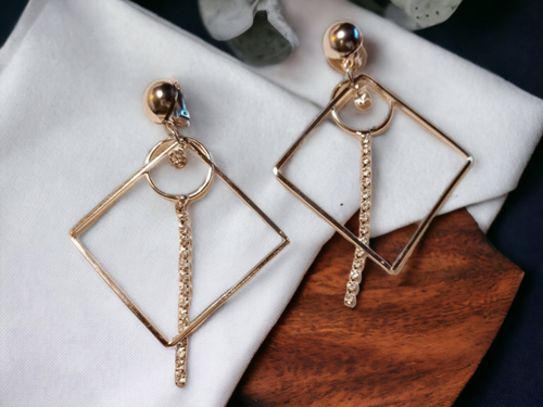 Rhinestone Clip On Square Hoop Earrings silver Kargo Fresh