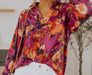 Graffiti floral print Satin Blouse L