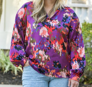 Graffiti floral print Satin Blouse L