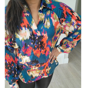 Graffiti floral print Satin Blouse M