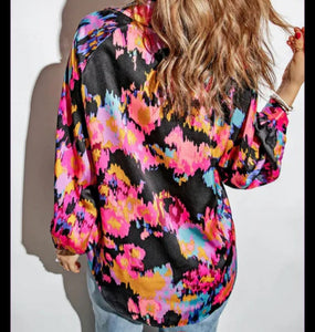 Graffiti floral print Satin Blouse Large