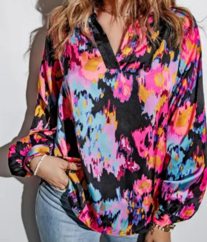 Graffiti floral print Satin Blouse Large