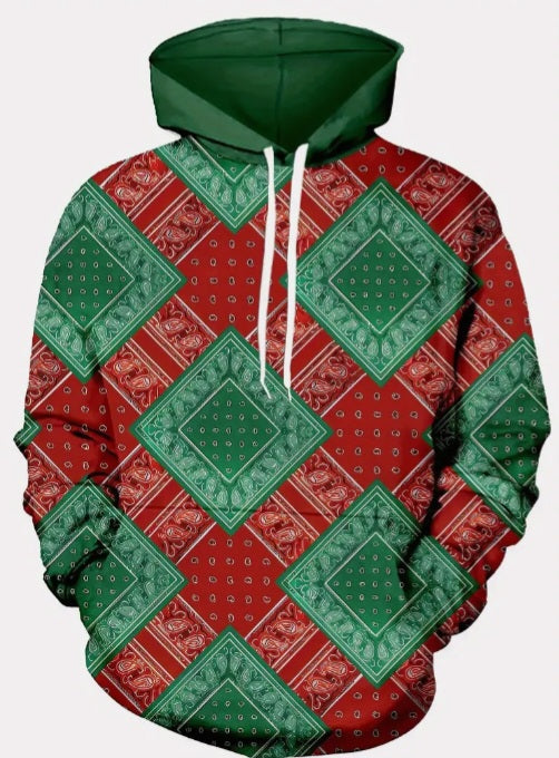 Mens Red Black and Green bandana print hoodie M