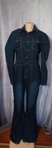 Stretch denim puff sleeve bellbottom jumpsuit L Kargo Fresh